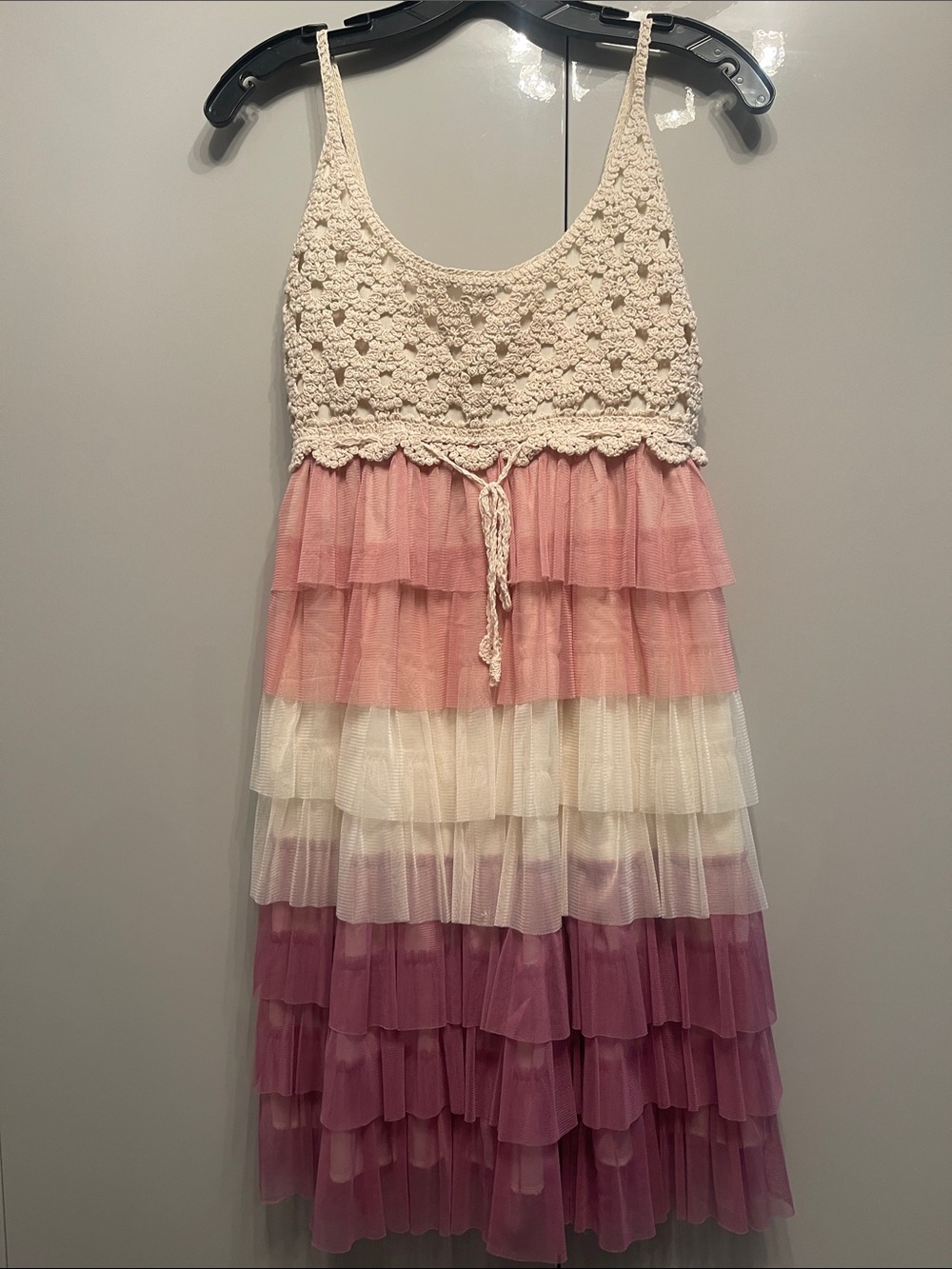 Girls Crochet Bodice Tiered Ruffle Dress in Pink, Cream & Purple